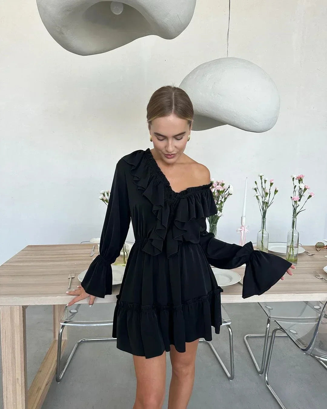White Ruffle Bandage Mini Dress Women's Elegant Patchwork Long Sleeve Dress New Slim V Neck Lace Up Summer Mini Dress