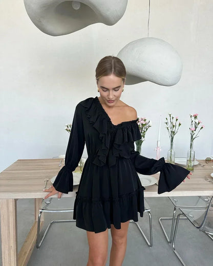 White Ruffle Bandage Mini Dress Women's Elegant Patchwork Long Sleeve Dress New Slim V Neck Lace Up Summer Mini Dress