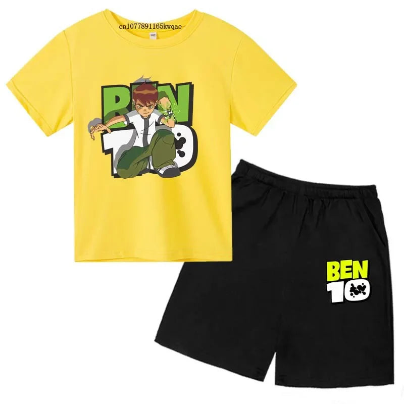 Kids Cartoon Ben Tennyson 10 Print Summer 2pcs Breathable Tees+Shorts Sports Suits 2-13Years Boys Girls Outfits Children Clothes