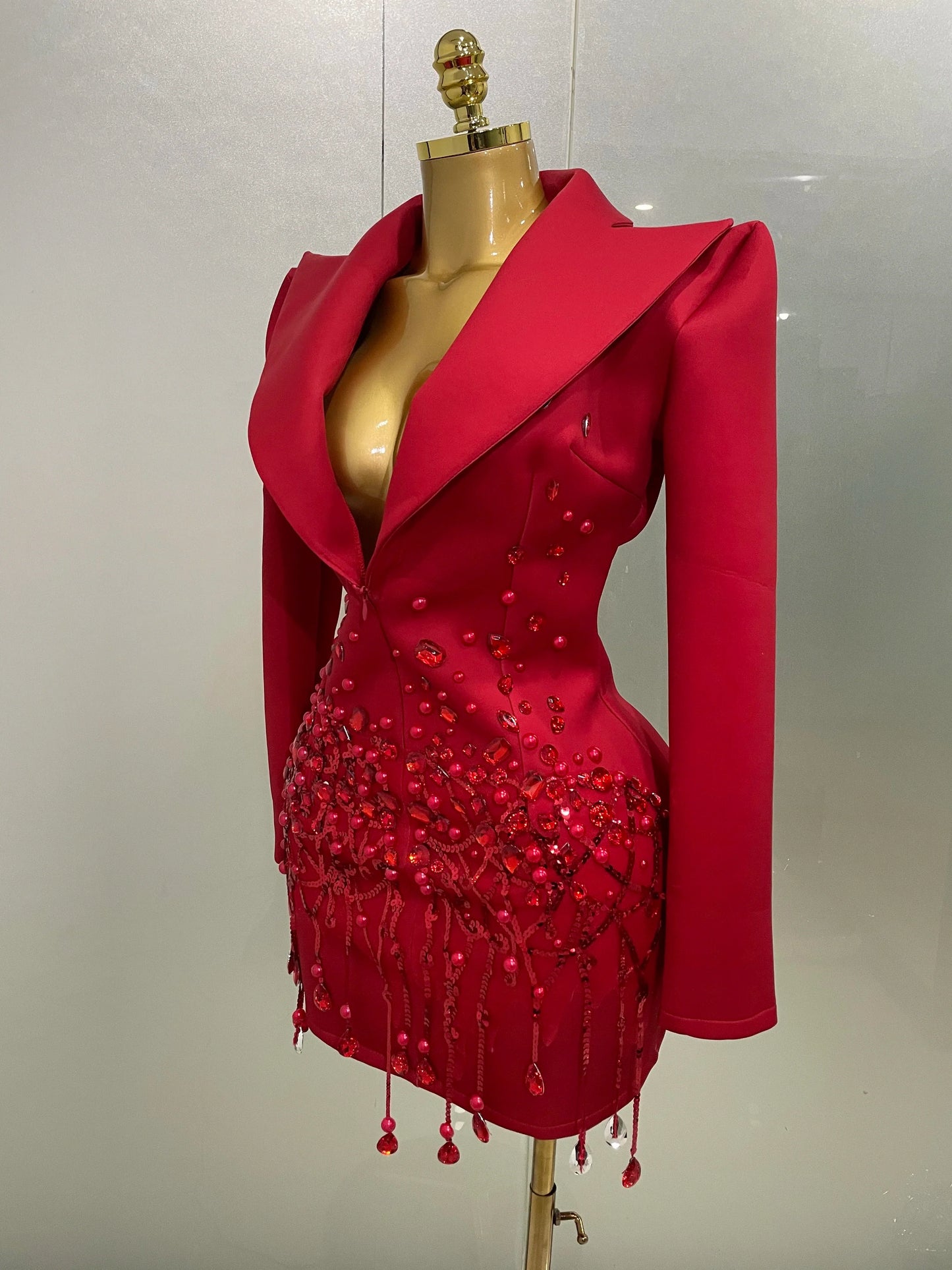 Crystal Chains Pearls Long Sleeve Mini Dress 2025 Women Birthday Evening Party Nightclub Outfit Singer Wedding Costume