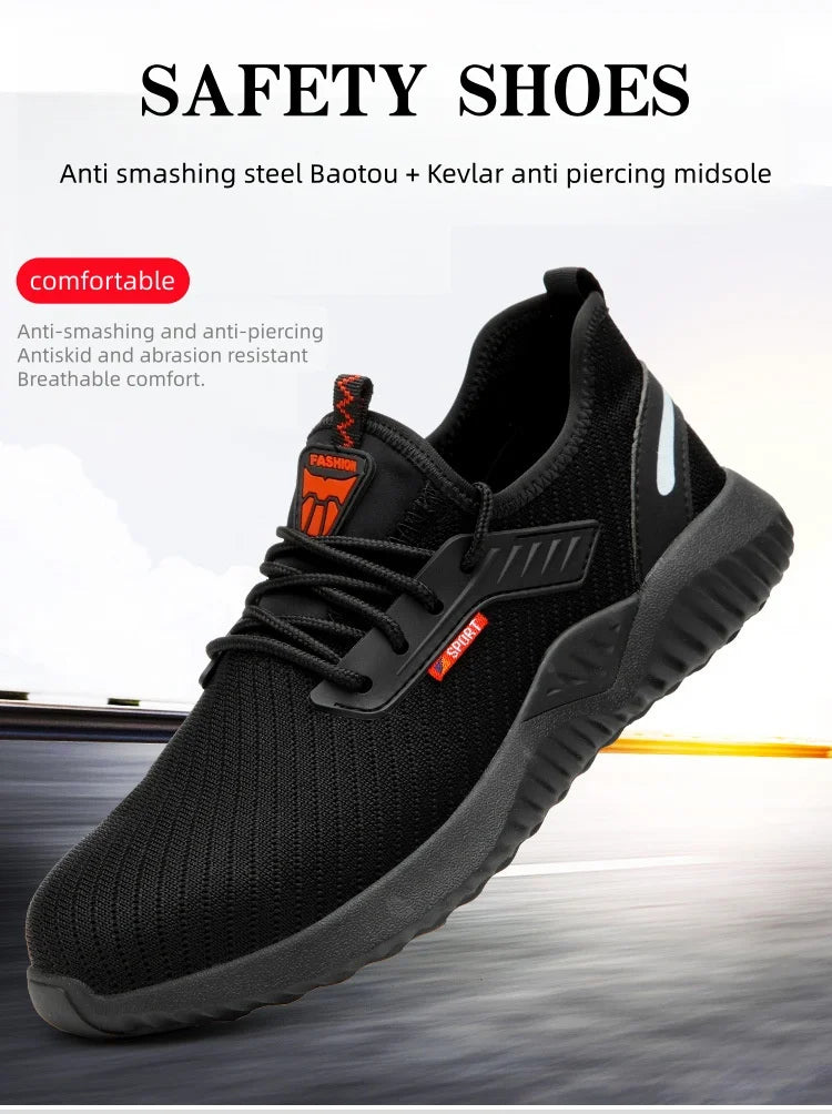 Steel-toe work shoes, puncture-resistant safety boots, sturdy industrial shoes, comfortable and breathable, and slip-resistant.