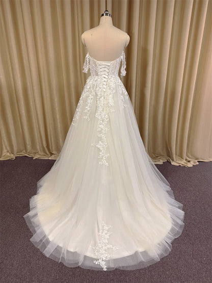 Elegant Off The Shoulder Sweetheart Lace Applique Boho Beach A Line Wedding Dresses Sweep Train Custom Made 2025 Vestido De Noiv
