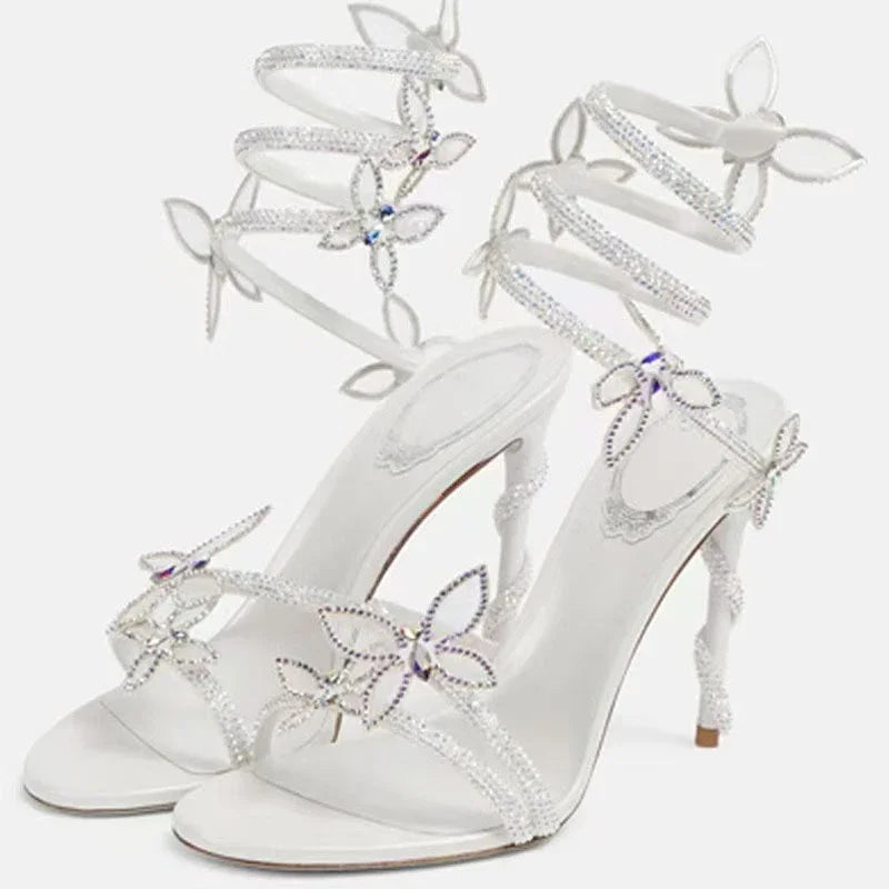 Street Style CRYSTAL Flower Thin Heels Banquet Prom Women Sandals Sexy Open Toe Narrow Band Ankle Strap Gladiator Shoes