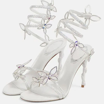 Street Style CRYSTAL Flower Thin Heels Banquet Prom Women Sandals Sexy Open Toe Narrow Band Ankle Strap Gladiator Shoes