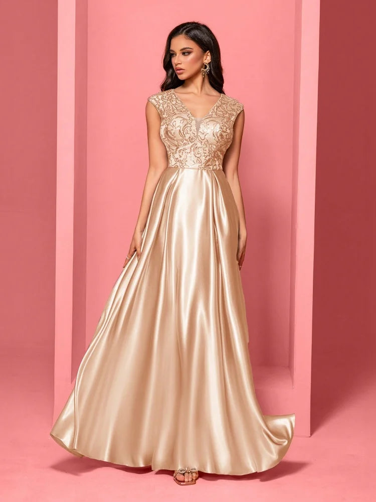 New Luxury Gold Satin V-Neck Sequins Embroidery Formal Evening Dresses Women Long Elegant Wedding Party A-line Cocktail Gowns