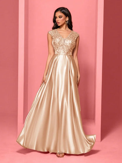 New Luxury Gold Satin V-Neck Sequins Embroidery Formal Evening Dresses Women Long Elegant Wedding Party A-line Cocktail Gowns
