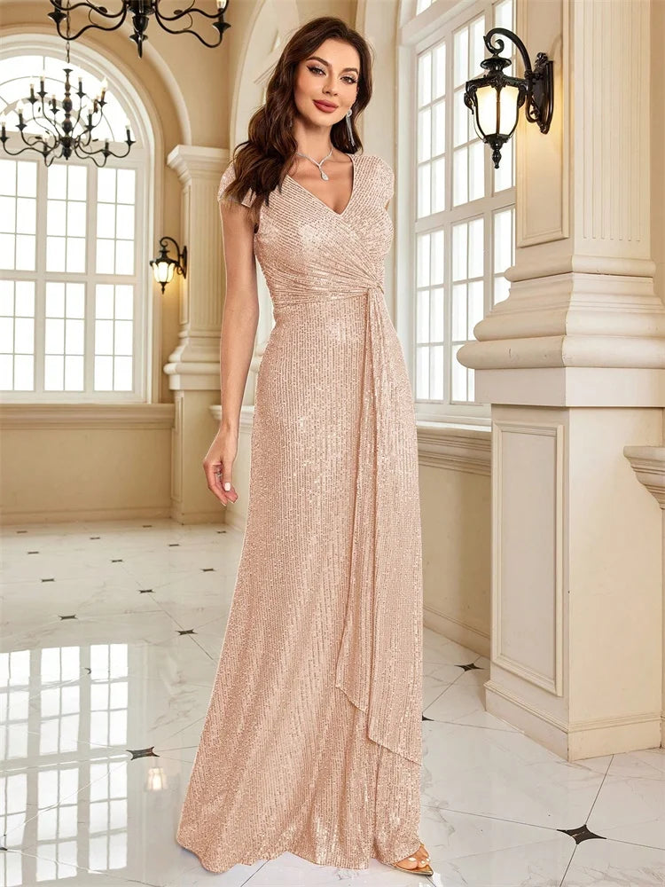 New Luxury Blue V-Neck Sequin Evening Dresses Elegant 2025 Women Party Maxi Dress Gowns Long Cocktail Dresses Gowns Prom