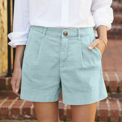 Cotton Linen Solid Shorts For Women Button High Waist Summer Loose Casual Pockets Shorts Female Pants Women Clothing