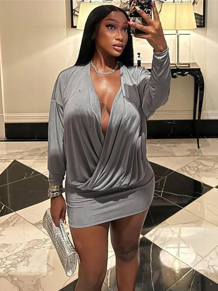 Cross Deep V-Neck Dress Women Full Sleeve Stretch Solid Midnight Street Clubwear Party Autumn Trend Elegant Mini Bodycon