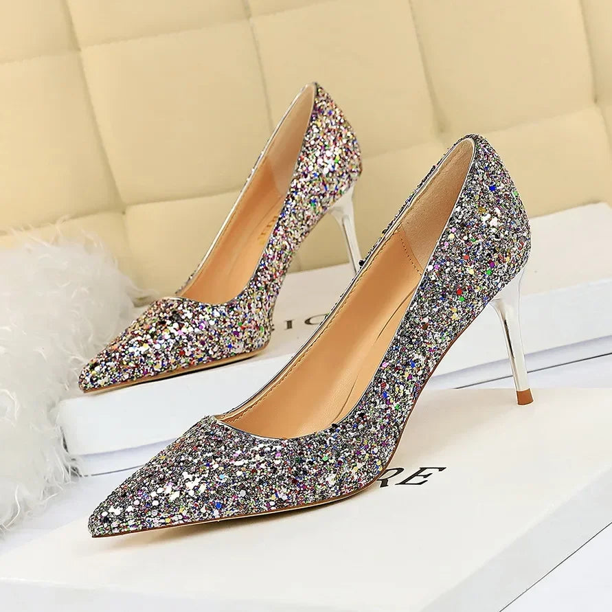 Women Luxury Bling Red  Blue Valentine Party Scarpins Pumps Lady Glitter Sequins 7cm 9.5cm High Heels Designer Shoes Plus Size