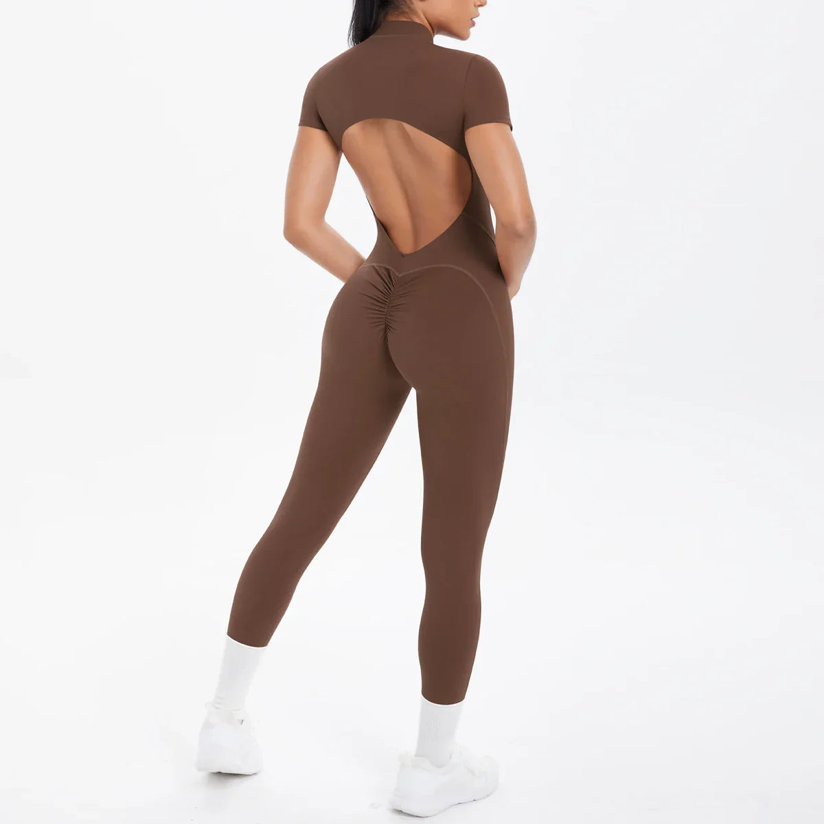 Short Sleeved Fitness Jumpsuit for Woman Bodysuits Backless Solid Color Scrunch One-Piece Suit Half Zipper Gym Yoga Sets Womens