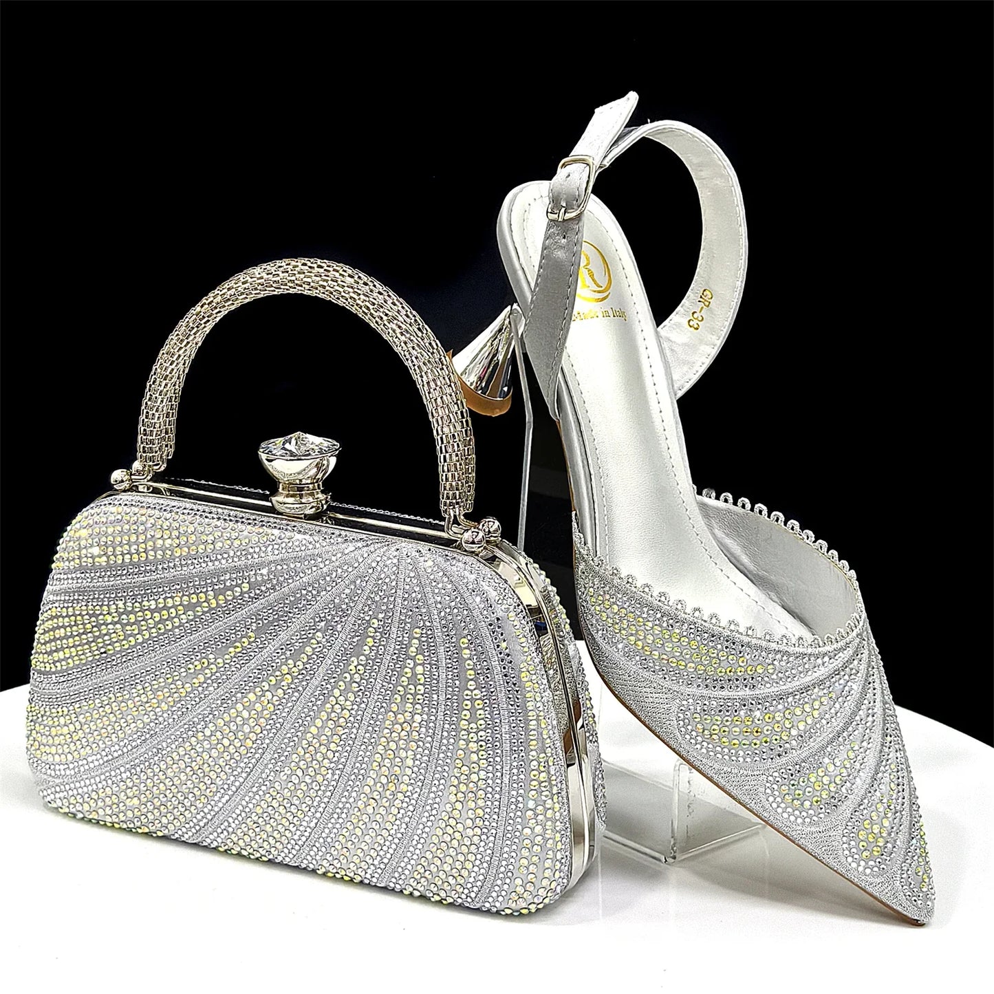 New Green Colour Pointed-Toe Diamond-Studded Party Women's High Heels Gorgeous Parties Shoes and Bag to Match