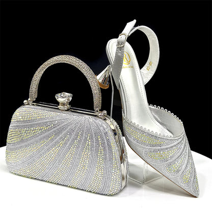 New Green Colour Pointed-Toe Diamond-Studded Party Women's High Heels Gorgeous Parties Shoes and Bag to Match