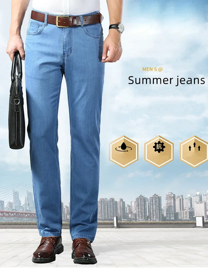 Denim Jeans For Men Blue Straight Stretch Cotton Pants Business Casual Lightweight Trousers Spring Summer
