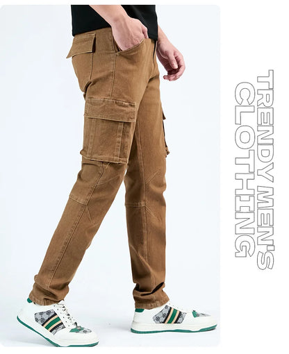 Men's Jeans Street Style Waist Denim Cargo Pants Solid Color Washed Slim Fit Casual Jeans with Multiple Pockets for Daily Wear