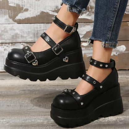 Sapato Feminino Mary Jane Salto Super Alto Plataforma Anabela Sandália Feminina Primavera Fivela Clássica Doce Punk Sapatos Femininos Lolita