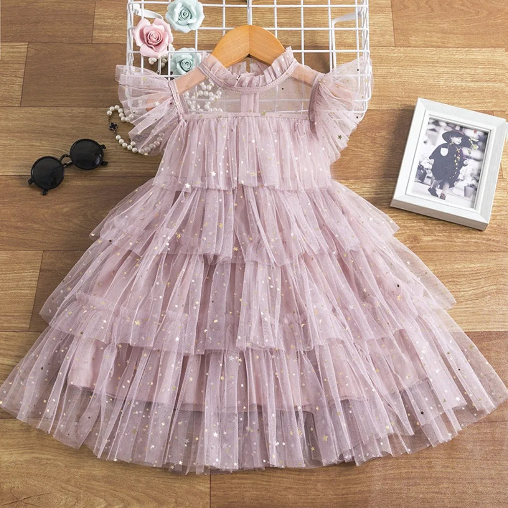 Summer Sweet and Cute Children's Clothing Sequin Decoration Mesh Cake Dress Birthday Party Girls' Dress New Year