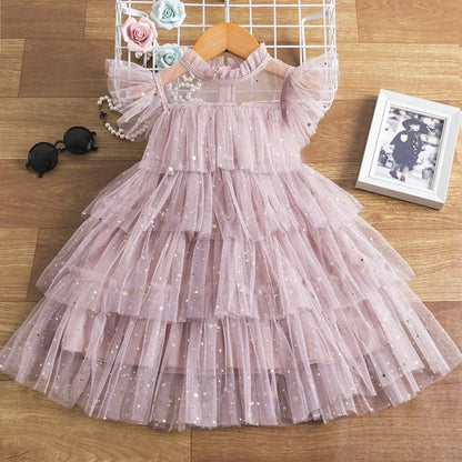 Summer Sweet and Cute Children's Clothing Sequin Decoration Mesh Cake Dress Birthday Party Girls' Dress New Year
