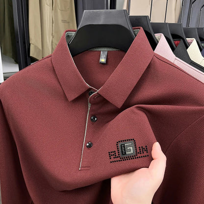 High End Brand Quality Men's Polo Shirt Autumn Exquisite Solid Color Letter Print Lapel Long Sleeve Business Classic Menswear
