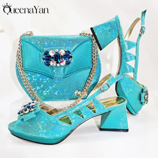 Special Synthetic Fabrics Design Teal Color Women's Matching Shoe and Bag Set  for Weddings and Parties