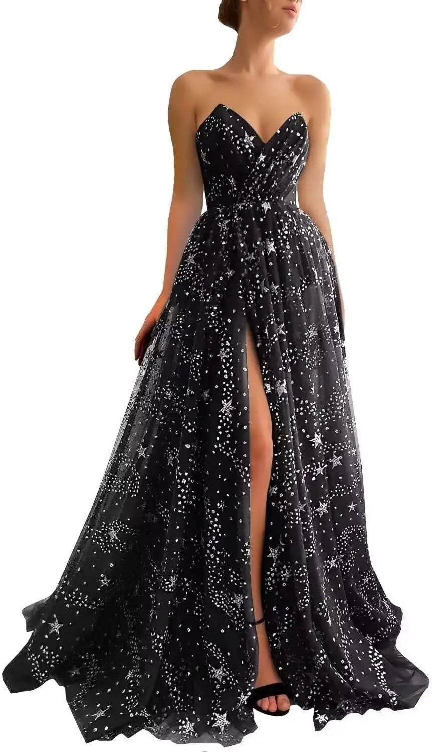V Neck Luxury Women's Sparkle Starry Tulle Prom Dresses Strapless Slit Formal Evening Party Gowns Formal Dress Women Elegant
