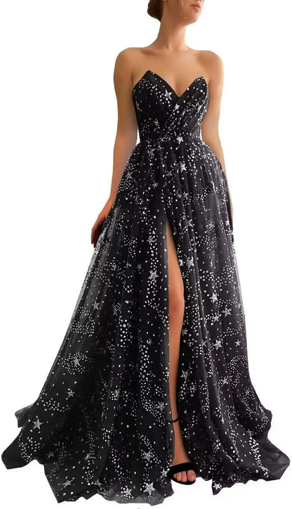 V Neck Luxury Women's Sparkle Starry Tulle Prom Dresses Strapless Slit Formal Evening Party Gowns Formal Dress Women Elegant
