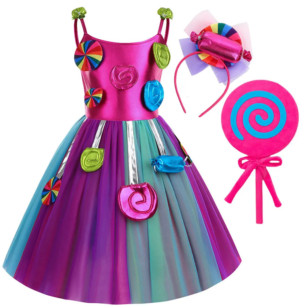 2026 New Candy Dress For Baby Girl Purim Carnival Birthday Costume Fancy Rainbow Short Sleeve Cute Dress + Accessories Set