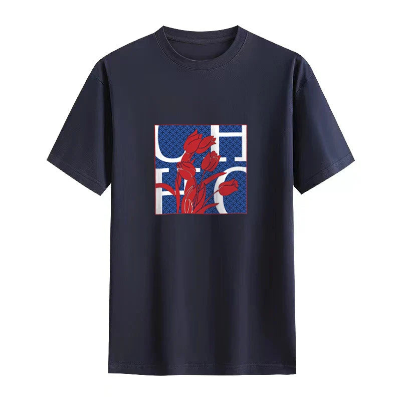 Women's T Shirts Short Sleeve O Neck Casual Flower Design Cotton Female Tops Women Tee Tops