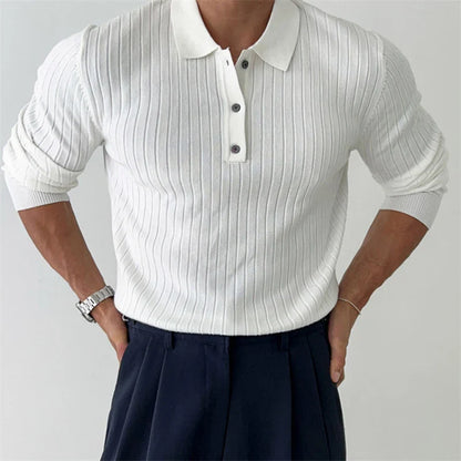 Striped Polo Shirt for Business and Casual Occasionsmen Breathable  Stretchy Slim  Knitted Pullover, Long-sleeve Sweater