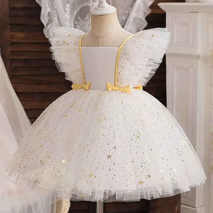 Princess Dress for Girls Sequined Star Ruffle Bow Tutu Gown Baby Formal Gala Prom Gown Kids Evening Party Costume