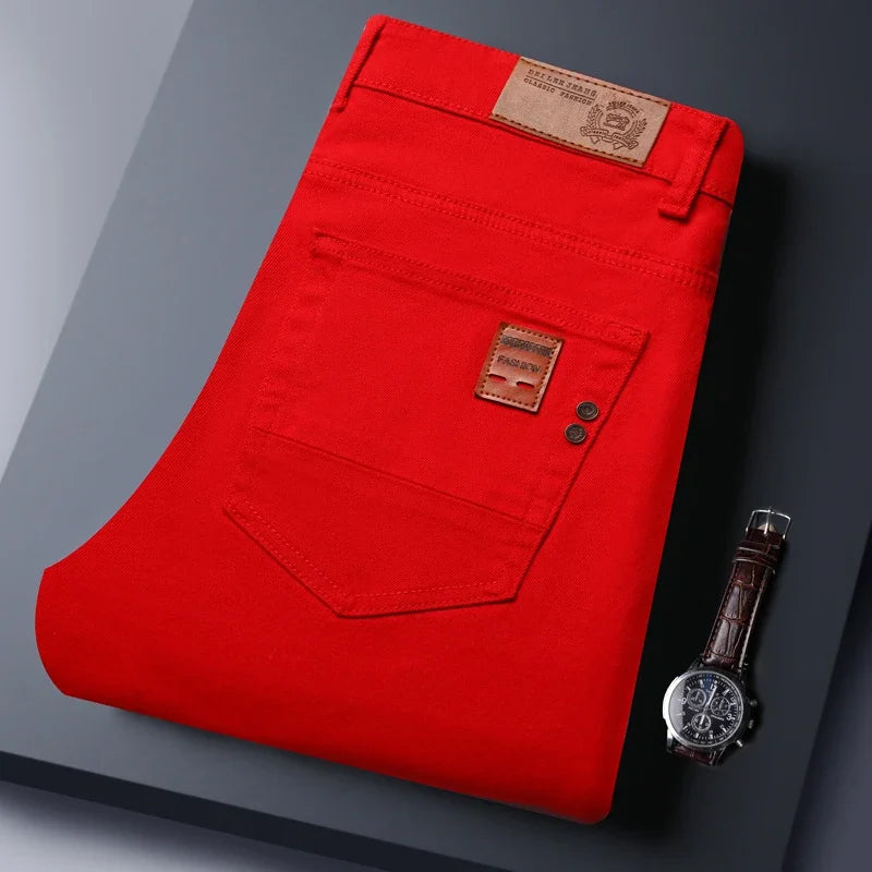 Calça Jeans Masculina Slim Elástica Colorida Estilo Coreano Primavera Outono Macia Confortável Casual Reta Denim Streetwear