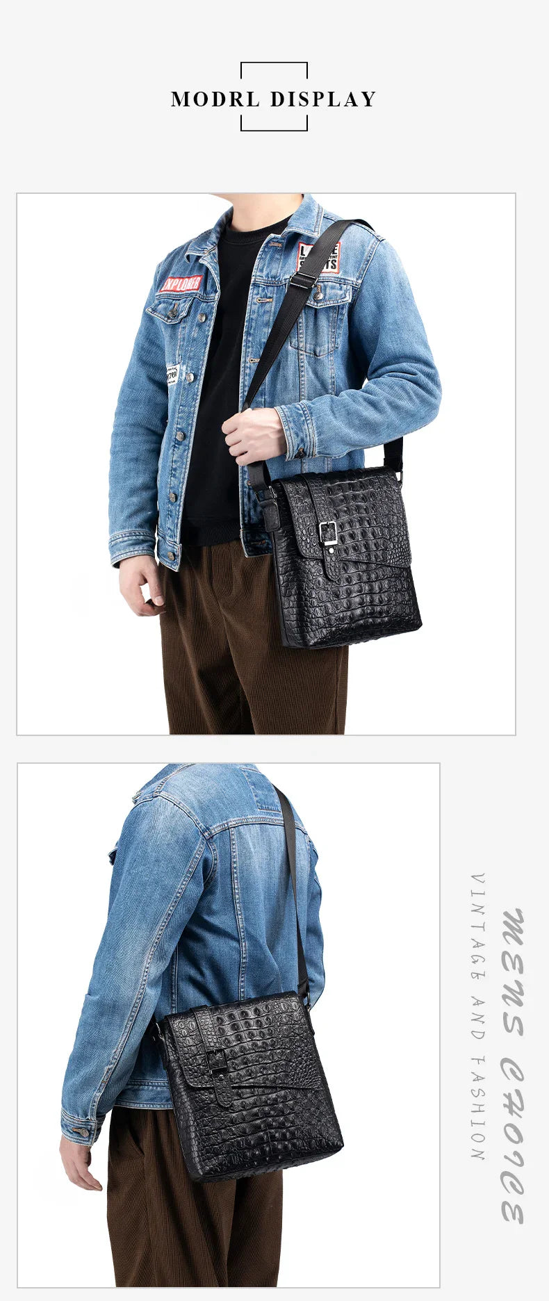 Genuine Leather Men's Crocodile Pattern Shoulder Bag Fashion Men Messenger Chest Bag Vintage Crossbody Travel Bag