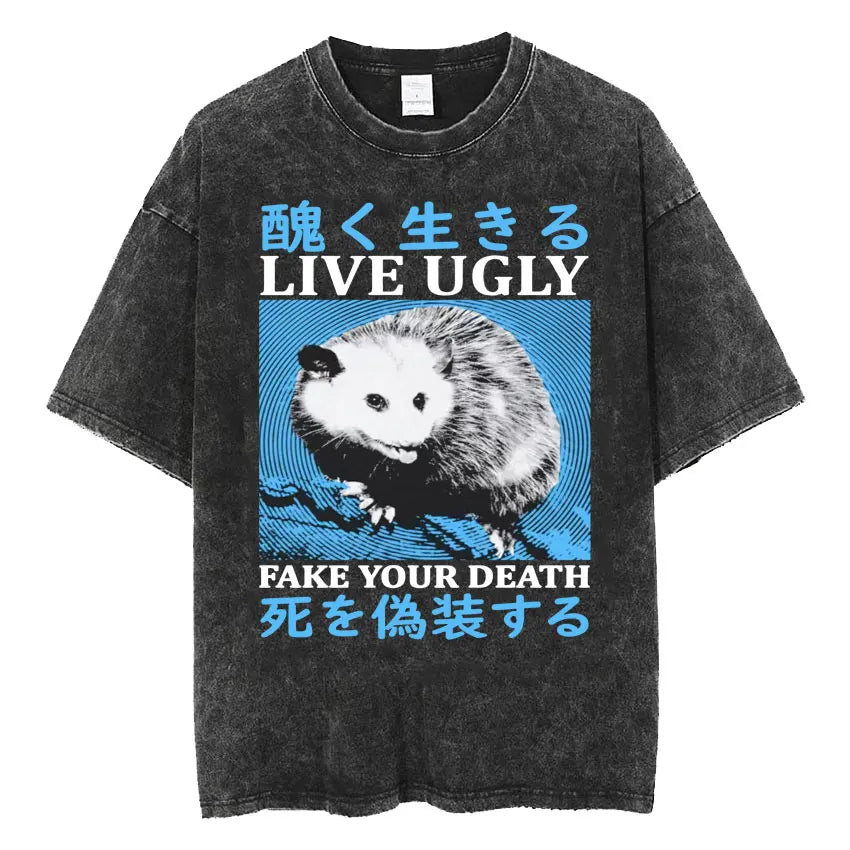 Amare Box No Thoughts Head Empty Japanese T-shirt Funny Capybara Vintage Washed T Shirt Men Women Casual Loose Short Sleeve Tees