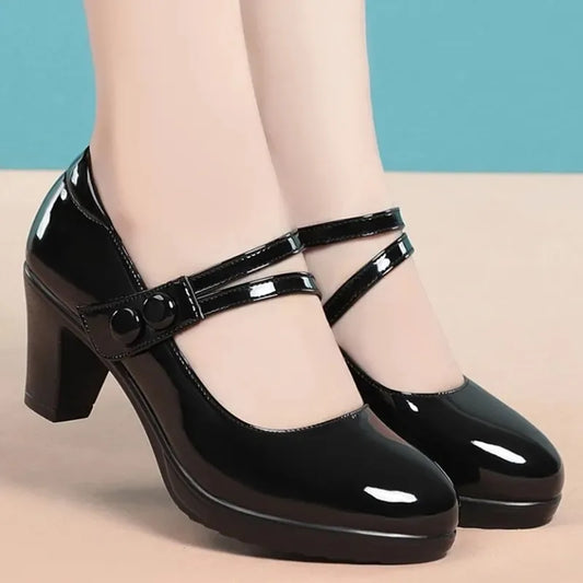 women fashion round toe buckle strap patent leather office high heel shoes lady classic wine red shoes  ba05