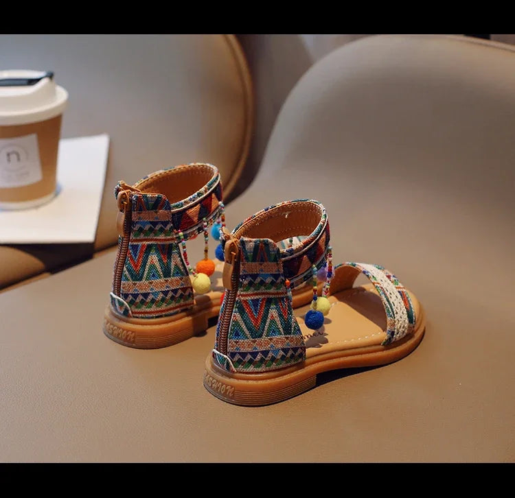 Ethnic Style Simple Children Roman Shoes 2024New Soft Breatheable Flats Open-toe Kids Shoes Non-slip Girls Sandals GLADIATOR