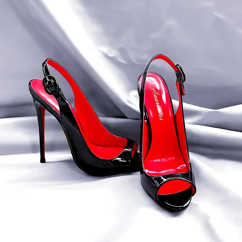 New 12cm black fish mouth empty toe sandals with sexy ultra light lipstick sole high heels for women with slim heels