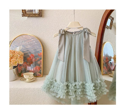 2024 Summer Korean  Girls New Sleeveless Bow Solid Color Sweet and Gentle Princess Dress Childrens Trend
