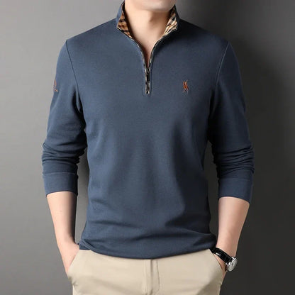 Luxury new Half Zipper Long Sleeve T-shirt 100% Cotton Brand Embroidered Stand Collar Men's Clothing Autumn Casual polo shirt