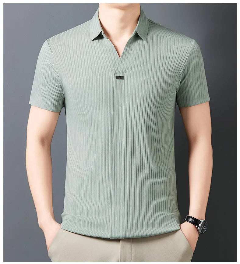 High quality personality texture stripe short sleeve polo shirt summer ice silk breathable buttonless men's solid color T-shirt