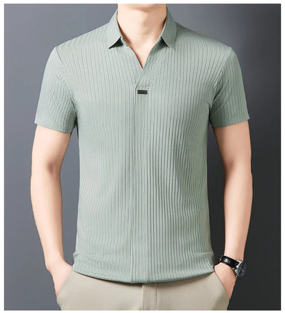 High quality personality texture stripe short sleeve polo shirt summer ice silk breathable buttonless men's solid color T-shirt