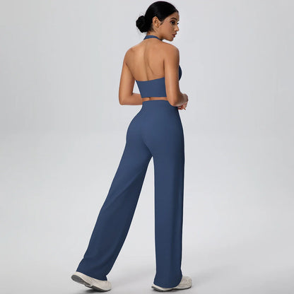 2PCS Woman Backless Hanging Neck Bra and Pants Yoga Set Summer Breathable Gym Sports Running Workout Top Hot Sales Yoga Set