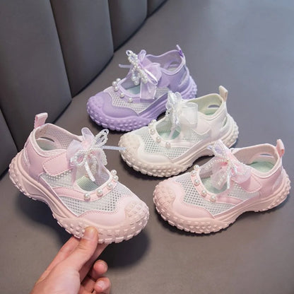 Girls Sports Sandals Sweet Lace Bows Beading Kids Casual Shoes Mesh Breathable Soft 2026 Summer New Children Princess Sandals