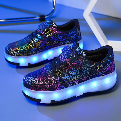 4 Wheel Dual-Use Roller Skates with Detachable Wheels ,Sneakers with LED Boys Girls Shoes with Wheels,Speed Skate Sizes 29-42