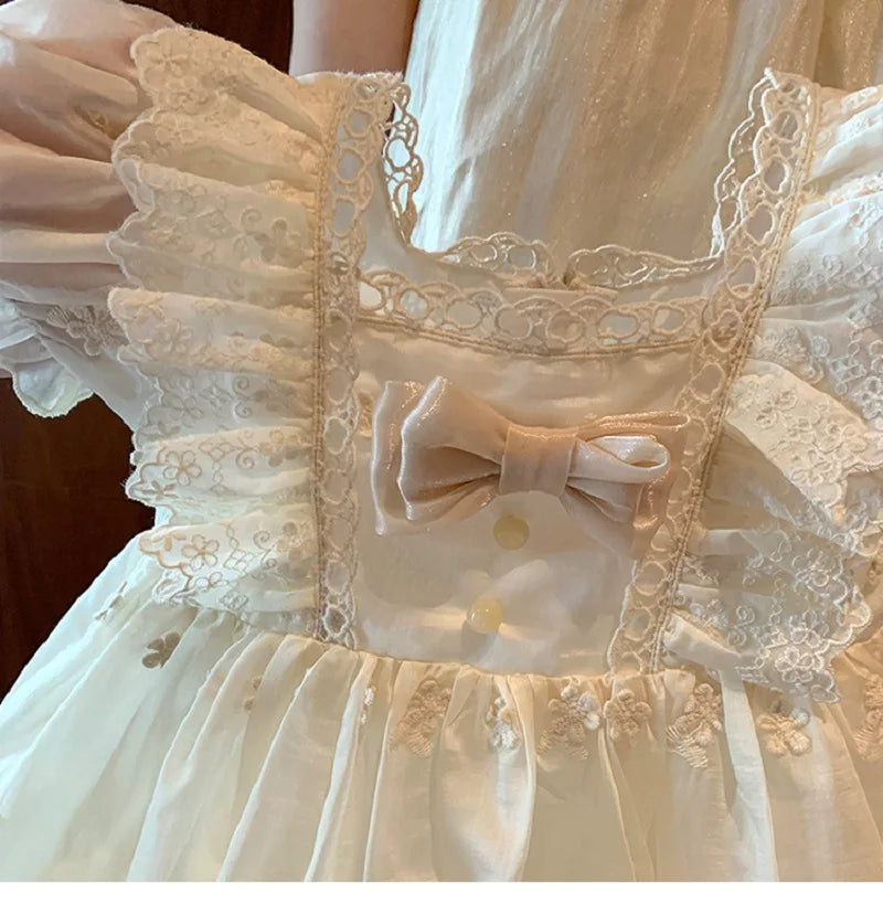 Vestido de princesa Lolita francês para meninas, vestido novo estilo verão para um ano de idade, lindo vestido branco de manga curta para menina fofa