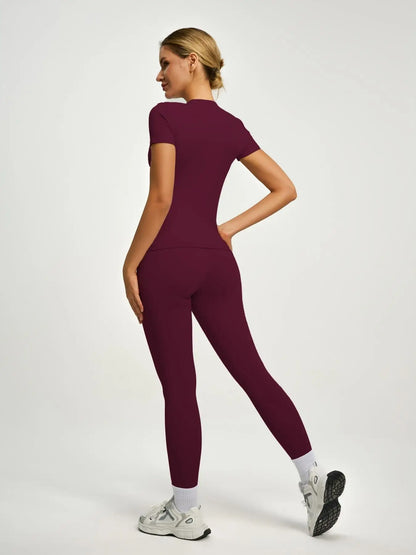 Women's Short Sleeve Sporty Set, High Waist Yoga Pants & T-Shirt Combo, Ideal for Fitness Gym Sculpting Workout