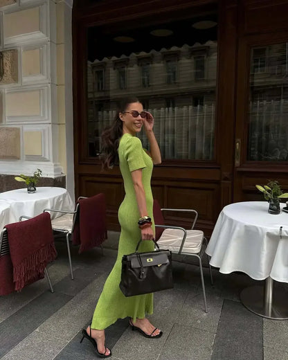 Long Dress Female Short Sleeve Slim Hollow Retro Elegant Sweater Dress 2025 Summer High Waist Woman Dress