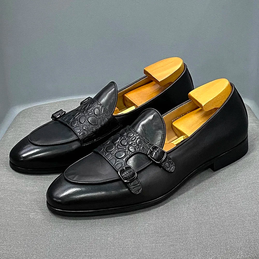 Classic Cow Genuine Leather Men's Loafer Shoes Slip-on Double Buckles Green Black Shoes Wedding Party Formal Shoes for Men