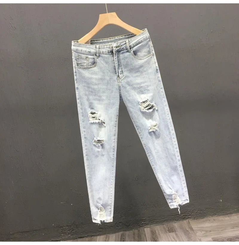 2023 Spring and Autumn New Men's Fashion Solid Color Ripped Jeans Men's Casual Comfort Elastic High-Quality Small Foot Pants