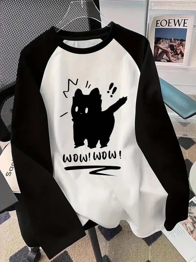 Camiseta Engraçada Manga Longa Gato Preto Outono Inverno Feminina Casual com Gola Redonda