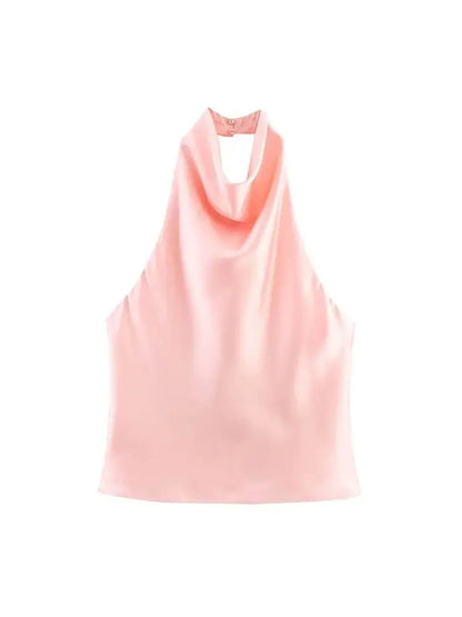 Sexy Chic Butter Yellow Satin Tops Women Halter Backless Beach Holiday Party Top Fashion 2025 New Year Evening Satin Top